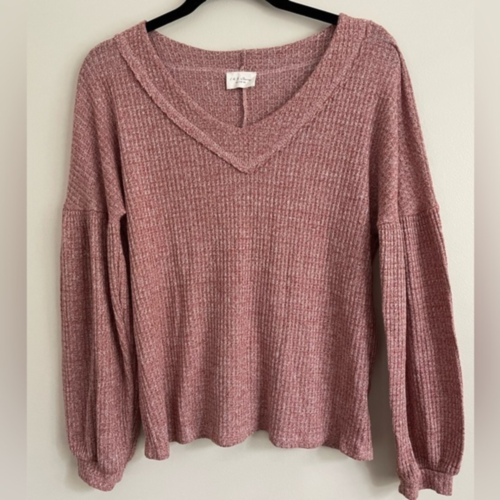 143 Story By Line Up Women’s Long Ballon Sleeve Waffle Knit Sweater Sm Burgundy‎
